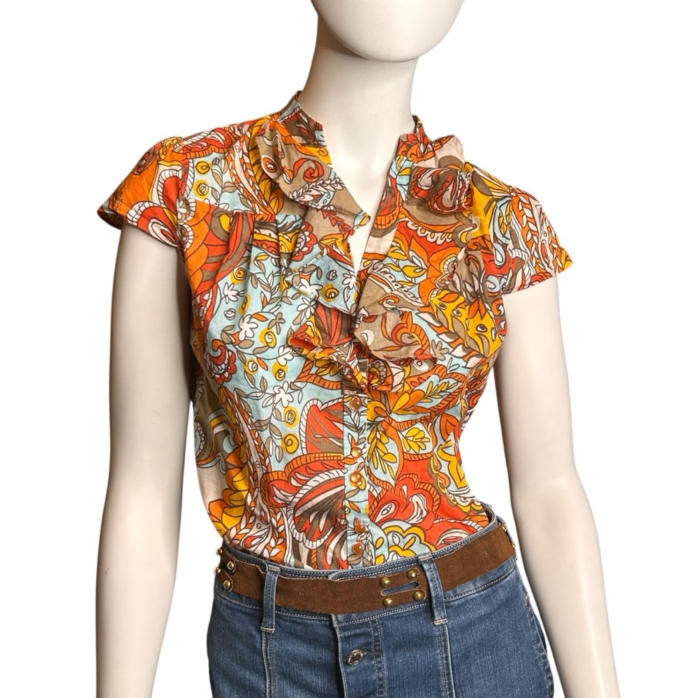 MADISON Vintage Y2K Size Petite 4 Mod Paisley Ruffle Blouse Cotton